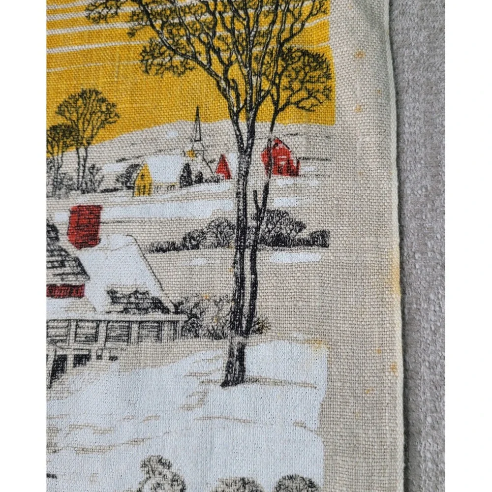 Calendar Tea Towel Tan 1974 Winter Barn Scene Vintage Linen Decor